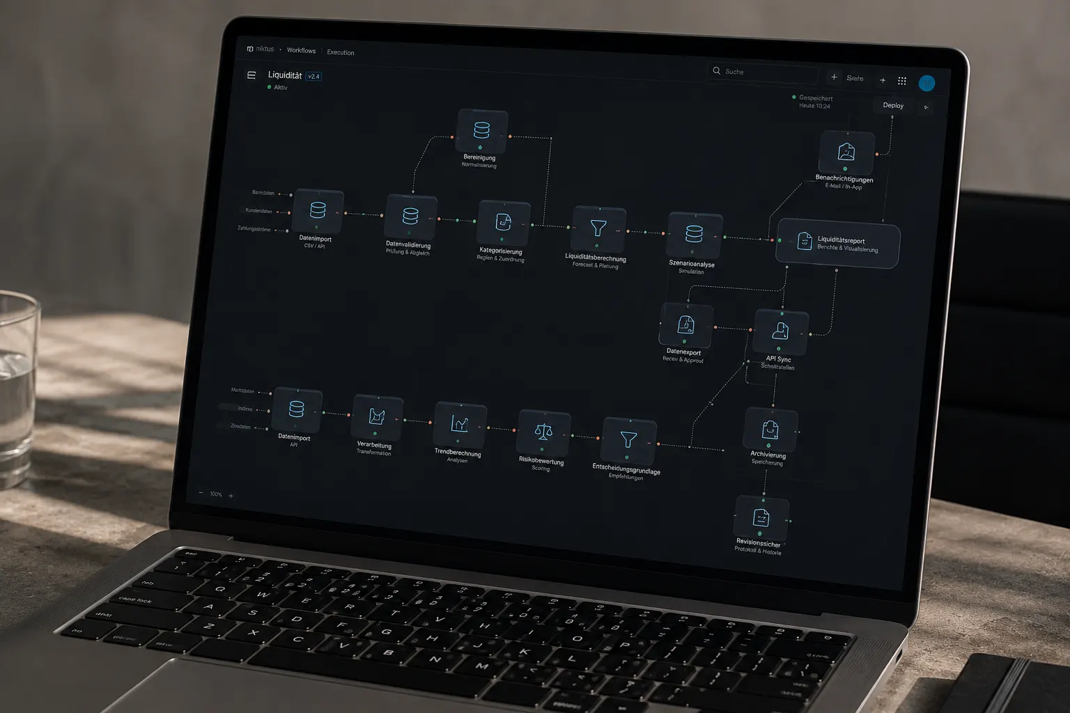 nikitus Workflow-Ansicht: automatisierter Liquiditätsprozess auf einem Laptop